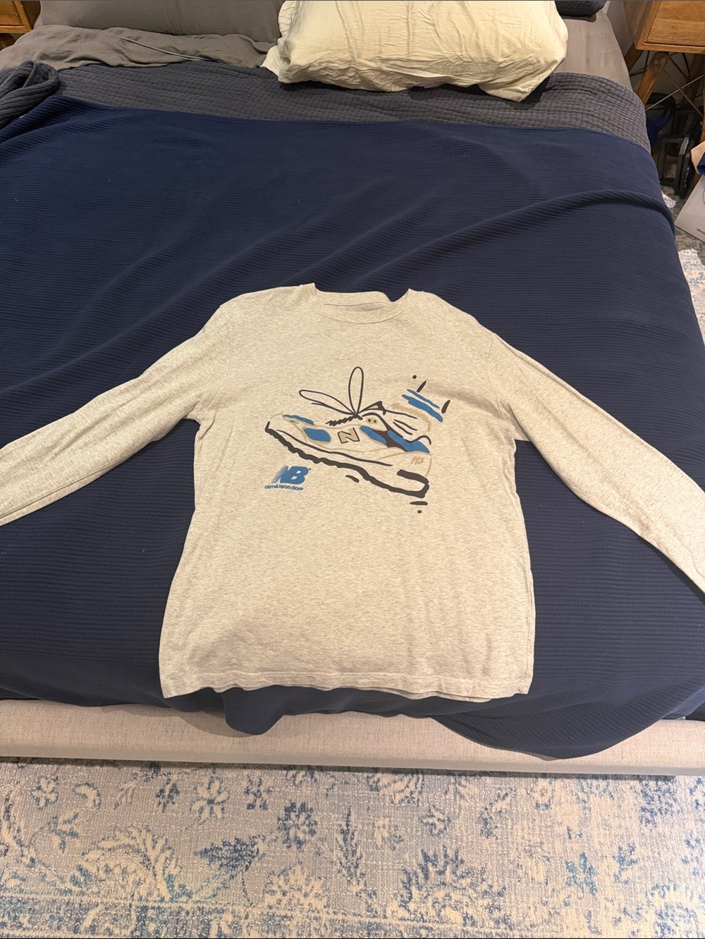 Aime Leon Dore New Balance Gray Long Sleeve Tee with Blue Sneaker Graphic